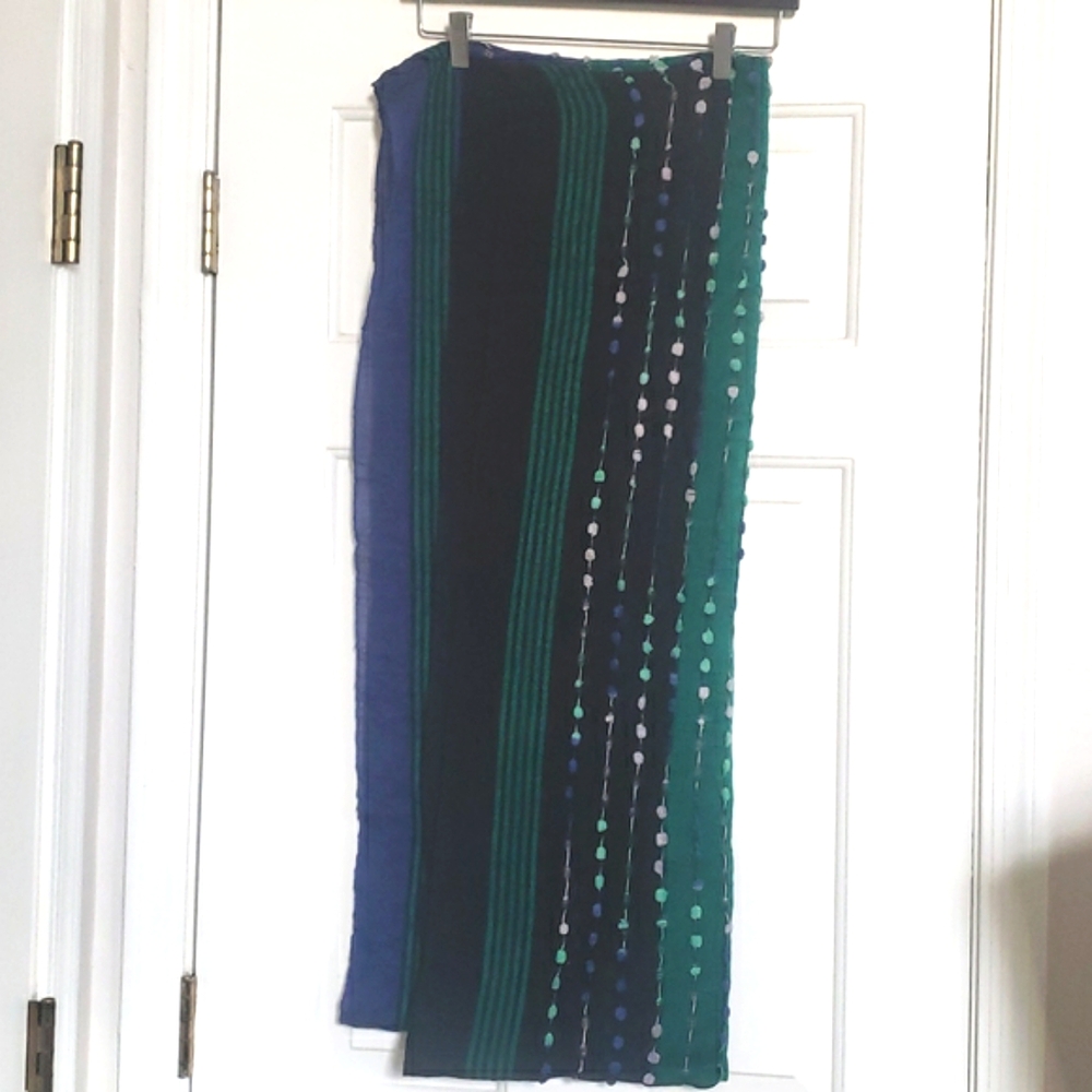 Oversized Infinity Scarf Black Blue Green Colorblock Textured Knit Pom Poms Cozy - Picture 4 of 7